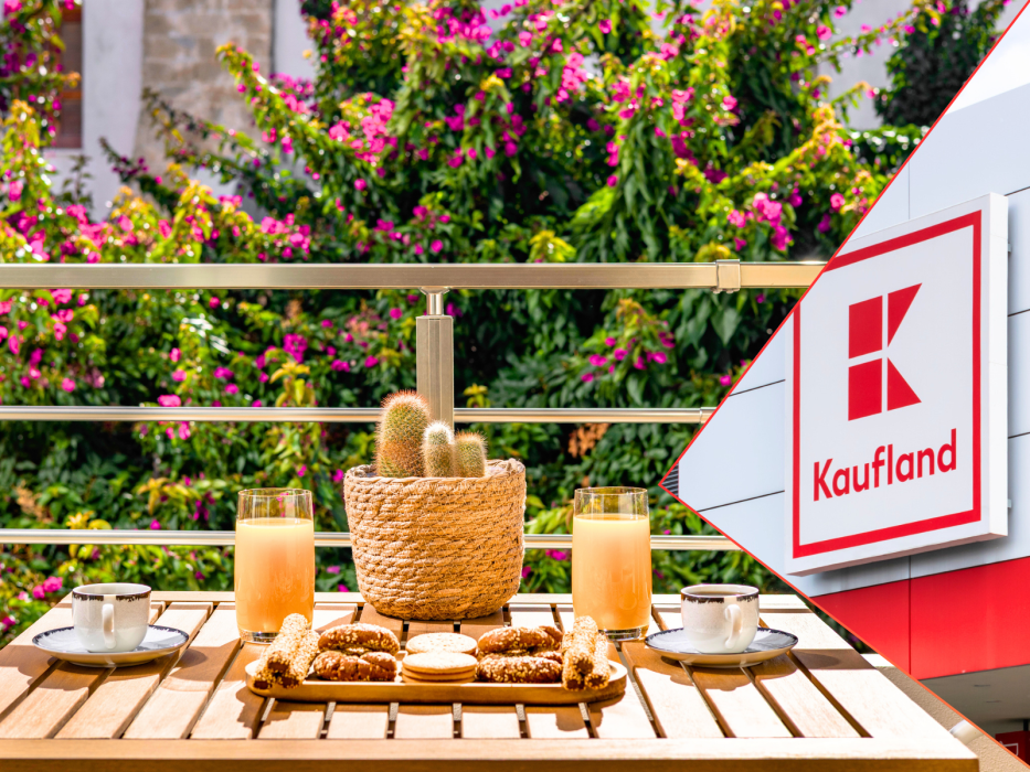 stolik na balkon i logo Kaufland