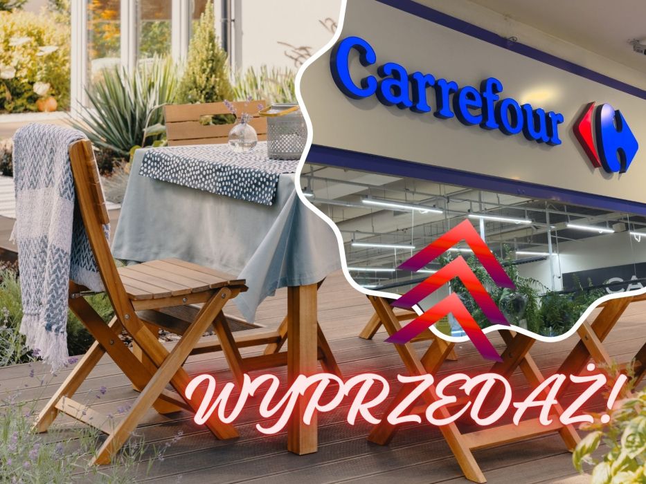 Akacjowy stolik i krzesła na wyprzedaży w Carrefour